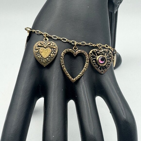 Vintage Brass Heart Charm Bracelet With Intricate Designs & Clasp Closure - Picture 2 of 6